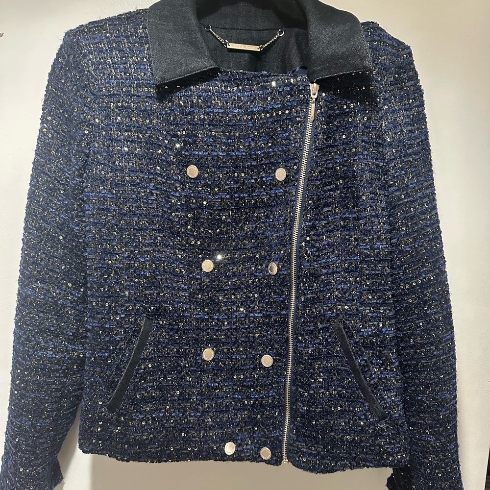 White House Black Market Blue Shimmer Tweed Moto Jacket 4 - Picture 3 of 13